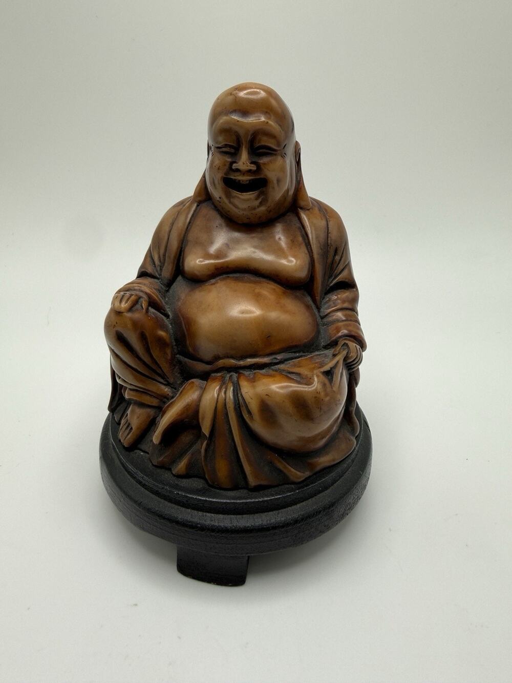 Vintage Happy Buddha Wood Carving Spiritual Hand Carved Laughing 5.25” W Stand